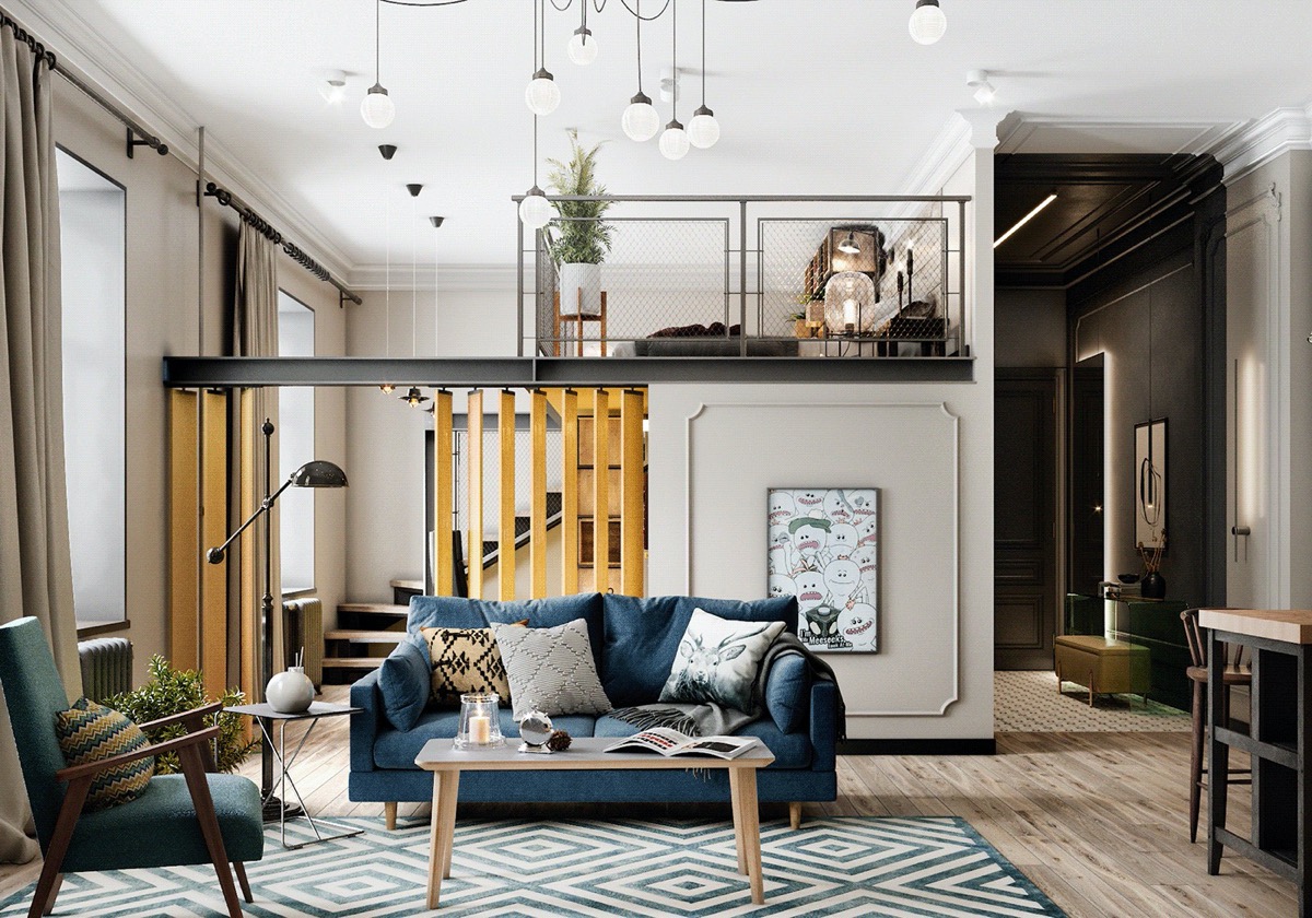 Ph&ograve;ng kh&aacute;ch căn hộ 70m2 được "định vị" bởi bộ ghế sofa m&agrave;u xanh lam, b&agrave;n tr&agrave; gỗ đặt tr&ecirc;n thảm trải kẻ sọc c&ugrave;ng t&ocirc;ng với sofa.