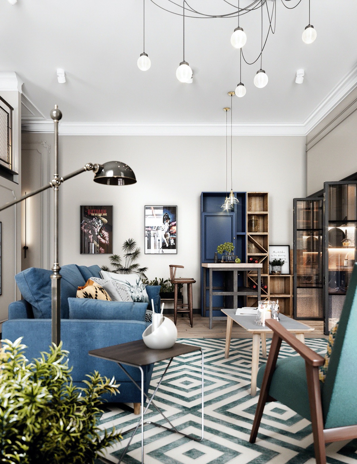 To&agrave;n cảnh ph&ograve;ng kh&aacute;ch căn hộ hiện đại với sofa m&agrave;u xanh, b&agrave;n tr&agrave; gỗ, thảm trải kẻ sọc, b&agrave;n phụ, đ&egrave;n s&agrave;n