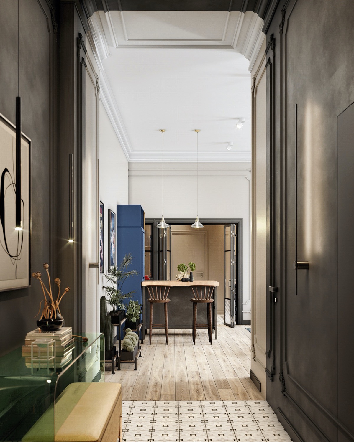 H&agrave;nh lang căn hộ 70m2 đ&atilde; được khoanh v&ugrave;ng bằng m&agrave;u đen, đ&acirc;y cũng l&agrave; một lựa chọn thiết thực cho khu vực thường xuy&ecirc;n qua lại mỗi ng&agrave;y.