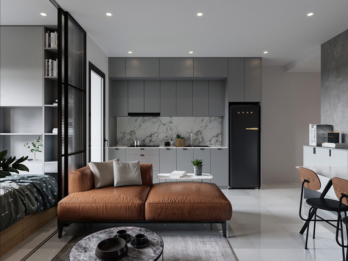 h&igrave;nh ảnh ph&ograve;ng kh&aacute;ch căn hộ nhỏ với điểm nhấn l&agrave; bộ ghế sofa m&agrave;u n&acirc;u