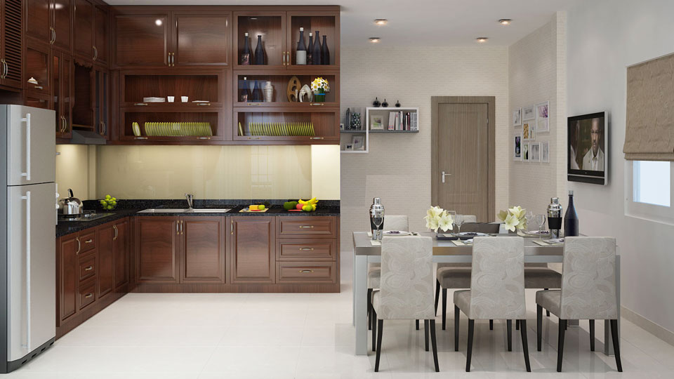 Tuy được thiết kế trong c&ugrave;ng một kh&ocirc;ng gian nhưng ph&ograve;ng ăn v&agrave; bếp nấu vẫn c&oacute; sự t&aacute;ch biệt nhất định nhờ m&agrave;u sắc nội thất.
