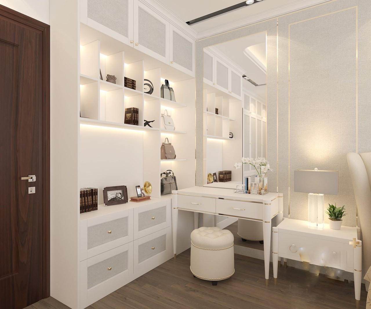 b&agrave;n trang điểm v&agrave; tủ kệ trưng b&agrave;y trong ph&ograve;ng ngủ biệt thự