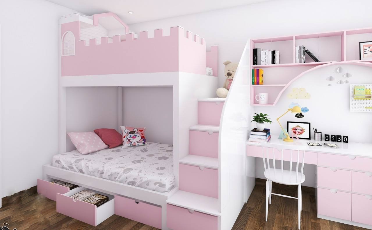 Giường tầng v&agrave; b&agrave;n học, gi&aacute; s&aacute;ch liền một khối gi&uacute;p tiết kiệm diện t&iacute;ch, đồng thời tạo sự tiện lợi cho b&eacute; trong sinh hoạt h&agrave;ng ng&agrave;y.