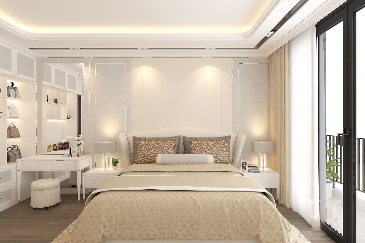 Bàn trang đi&ecirc;̉m, b&agrave;n phụ đặt s&aacute;ch b&aacute;o được bố tr&iacute; g&acirc;̀n sát với giường ngủ nhằm tạo sự thuận tiện trong sinh hoạt h&agrave;ng ng&agrave;y.