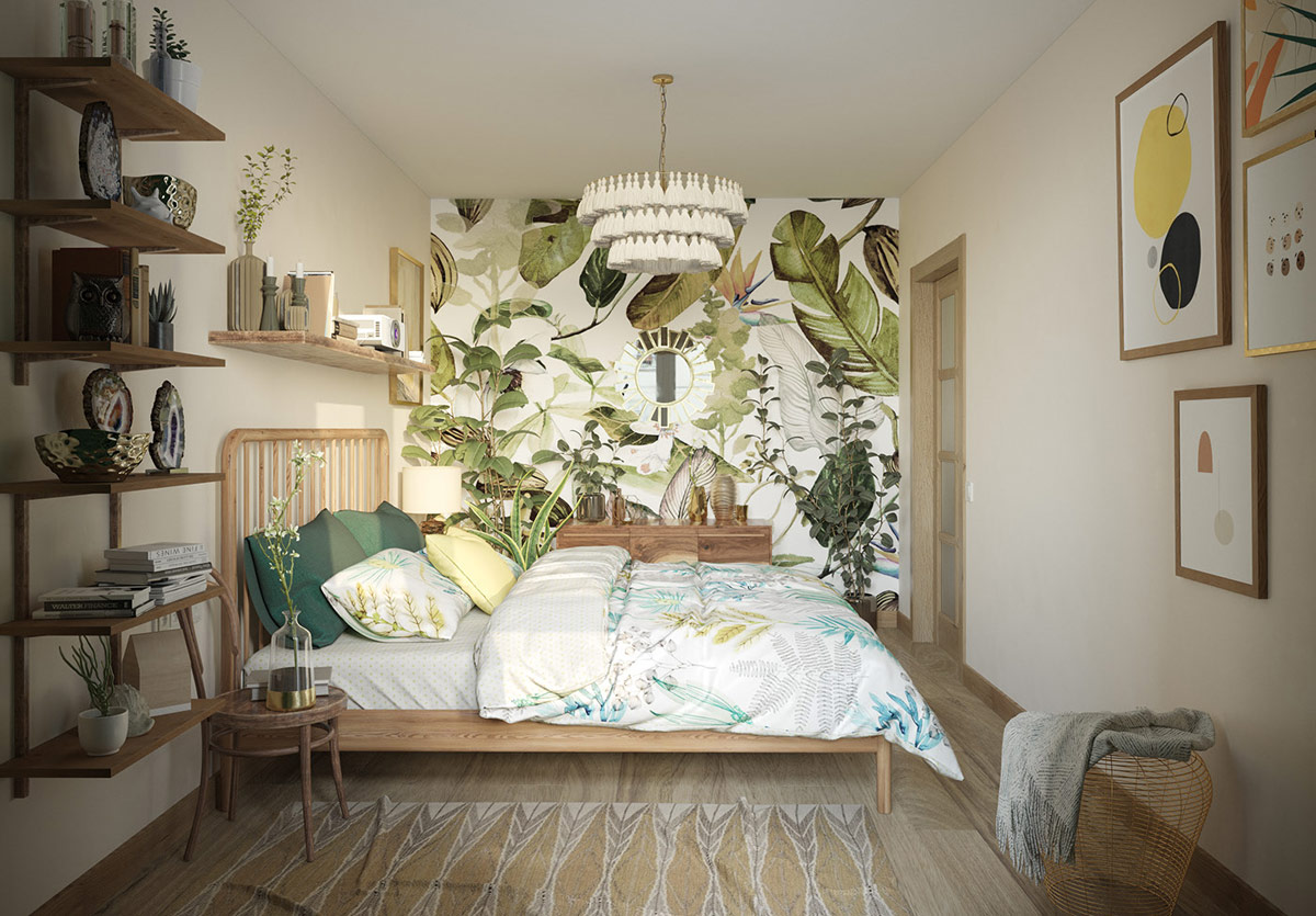 C&aacute;c yếu tố bằng gỗ tự nhi&ecirc;n nhẹ nh&agrave;ng bổ sung m&agrave;u sắc cho ph&ograve;ng ngủ phong c&aacute;ch Boho.