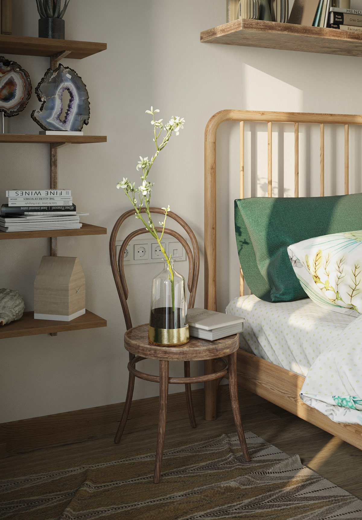Một chiếc ghế gỗ đượm m&agrave;u thời gian được sử dụng l&agrave;m b&agrave;n cạnh giường ngủ.