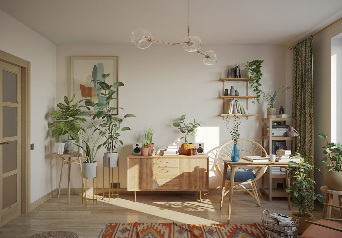 Đối diện với ghế sofa l&agrave; những gi&aacute; c&acirc;y độc đ&aacute;o v&agrave; kệ gỗ treo tường cực h&uacute;t mắt. Một khoảng trống được để lại ở trung t&acirc;m bức tường ph&ograve;ng kh&aacute;ch l&agrave;m chỗ treo tivi khi cần.