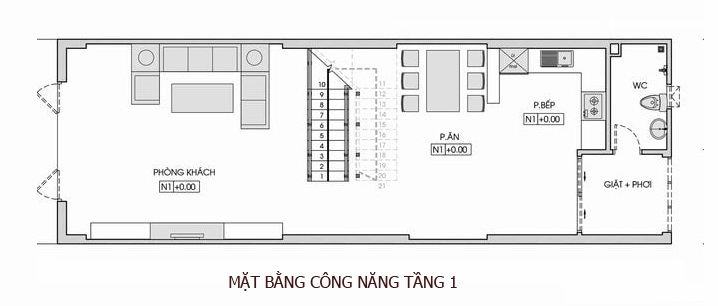 Mặt bằng bố tr&iacute; nội thất tầng 1 nh&agrave; ống