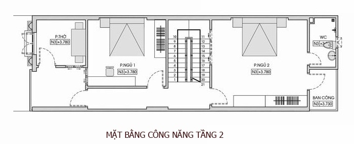Mặt bằng bố tr&iacute; nội thất tầng 2 nh&agrave; ống