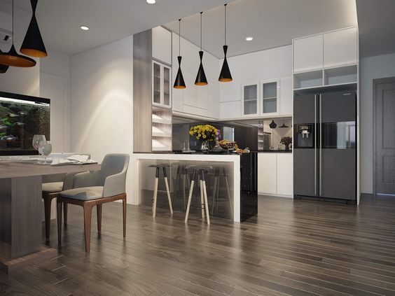 Ph&ograve;ng bếp kết hợp ph&ograve;ng ăn rộng r&atilde;i, tho&aacute;ng đ&atilde;ng với đầy đủ tiện nghi hiện đại.
