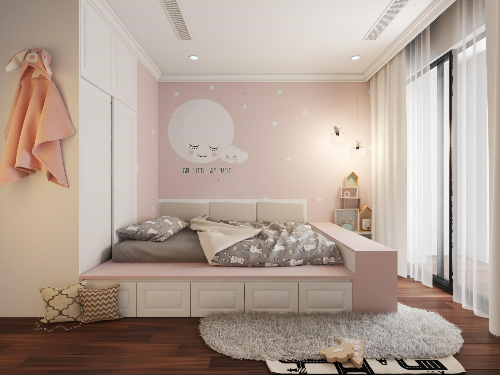 ph&ograve;ng ngủ con g&aacute;i m&agrave;u hồng trắng với giường thấp kết hợp ngăn k&eacute;o, tranh tường trăng sao