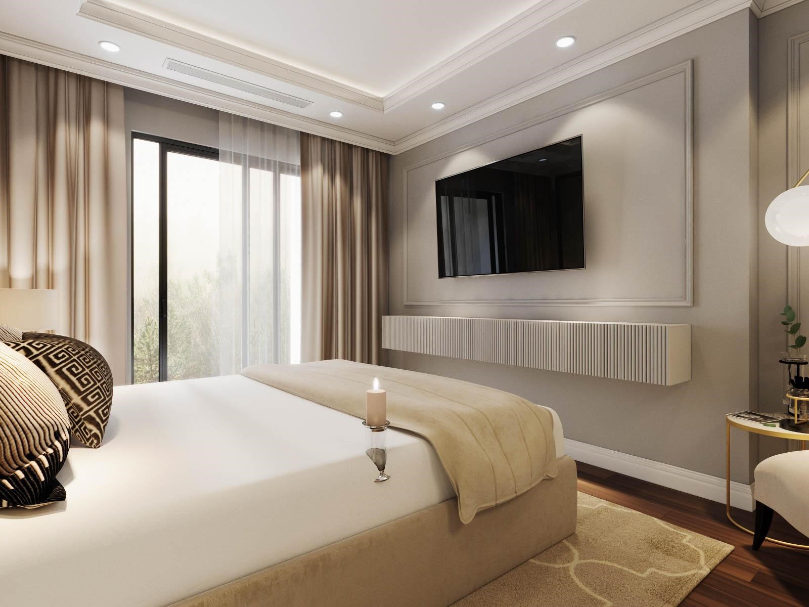 thiết kế kệ tivi treo tường phòng ngủ tinh tế Kệ tivi phòng ngủ được thiết kế giống như một đường diềm trang trí tinh tế.