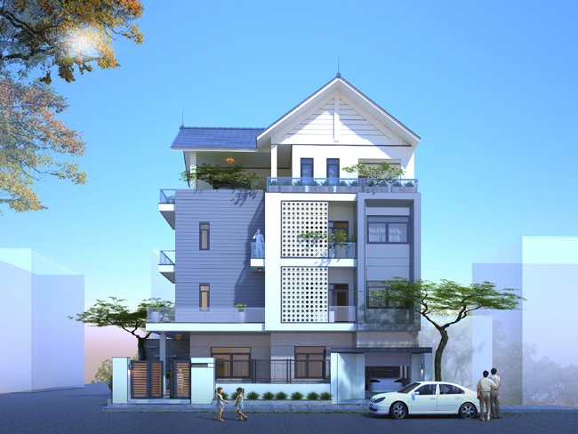Mặt tiền chính hướng Đông của biệt thự phố được thiết kế theo phong cách hiện đại, trẻ trung với sự kết hợp ăn ý giữa các vật liệu bê tông, kính, kim loại. Gara ô tô có lối vào riêng.