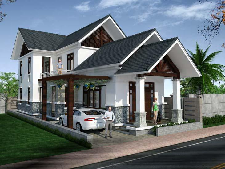 Phối cảnh 3D mẫu nh&agrave; cấp 4 m&aacute;i Th&aacute;i c&oacute; g&aacute;c lửng