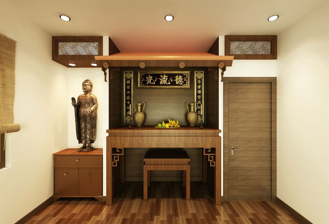 Kh&ocirc;ng gian thờ tự tho&aacute;ng s&aacute;ng, b&agrave;i tr&iacute; gọn g&agrave;ng, đẹp mắt.