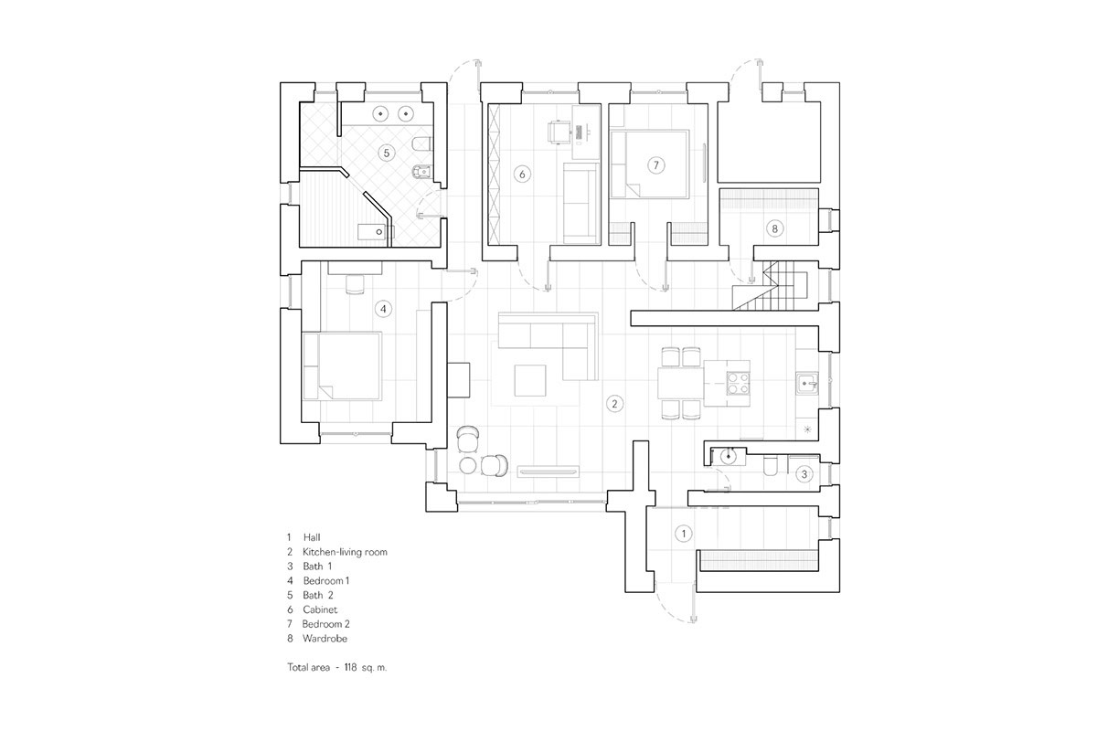 Sơ đồ mặt bằng bố tr&iacute; nội thất căn hộ 118m2