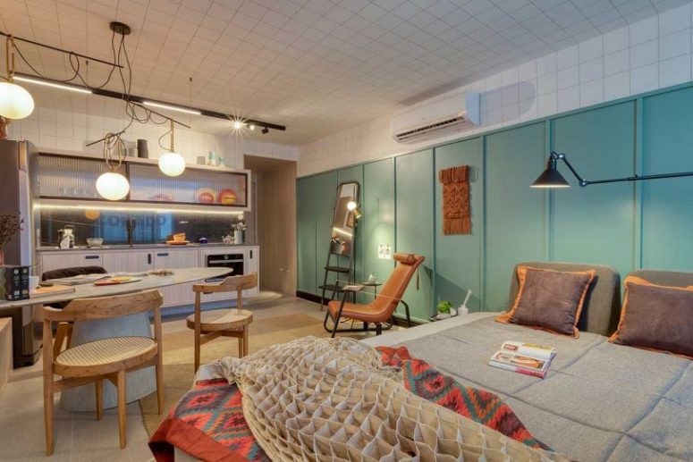 To&agrave;n bộ căn hộ studio l&agrave; một bố cục mở với nh&agrave; bếp, kh&ocirc;ng gian ăn uống - l&agrave;m việc v&agrave; khu vực ngủ nghỉ kh&ocirc;ng c&oacute; tường hay v&aacute;ch ngăn.