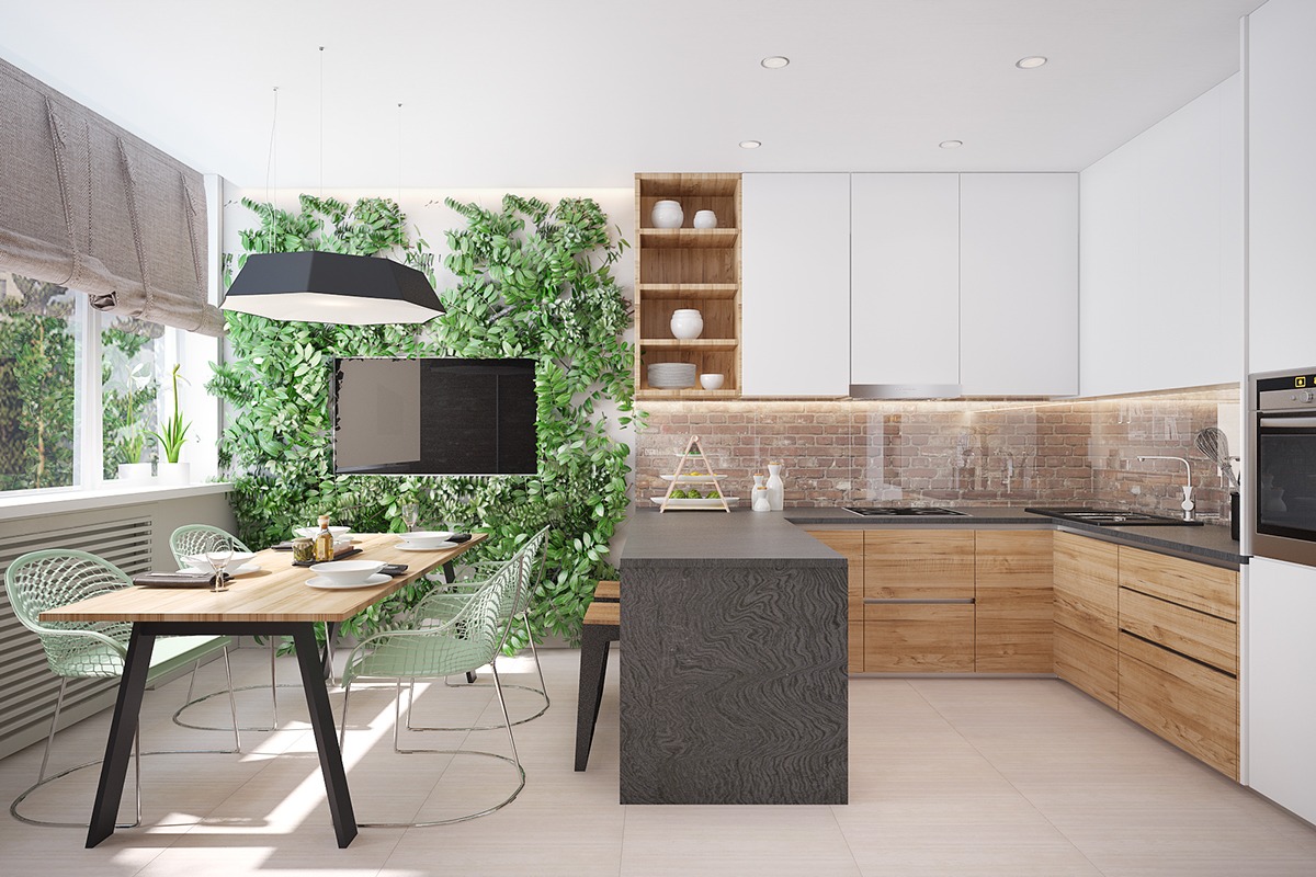 kh&ocirc;ng gian bếp nấu kết hợp ph&ograve;ng ăn hiện đại với điểm nhấn l&agrave; bức tường c&acirc;y xanh