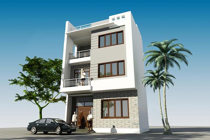 Phối cảnh 3D mẫu nhà ống 3 tầng phong cách hiện đại