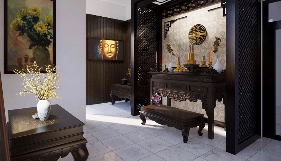 tông màu trầm của nội thất gỗ đóng vai trò quan trọng trong việc định hình một không gian tâm linh trang trọng. Phòng thờ tông màu trầm kết hợp với vật trang trí trang nhã