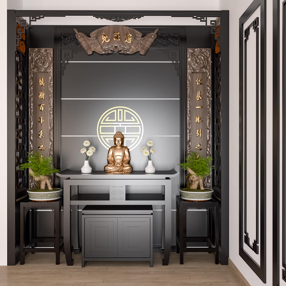 Những gia đình có điều kiện có thể bố trí gian thờ Phật tách biệt với gian thờ gia tiên. Mẫu phòng thờ Phật với thiết kế đơn giản, tinh tế