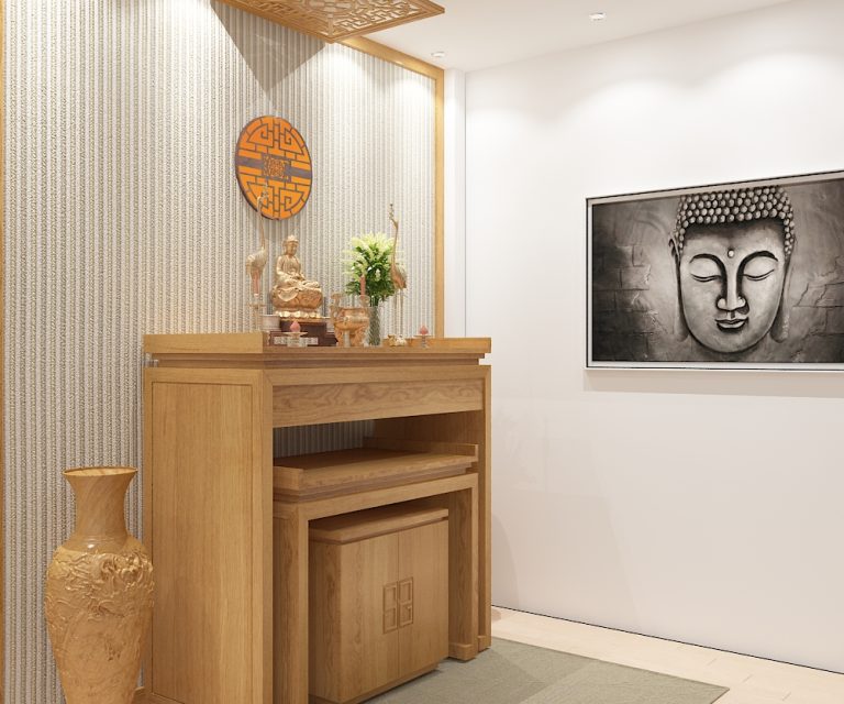 Mẫu thiết kế phòng thờ đơn giản, ngọn nhẹ, phù hợp với những ngôi nhà có diện tích không quá lớn. Bàn thờ Phật và tranh treo tường cùng chủ đề