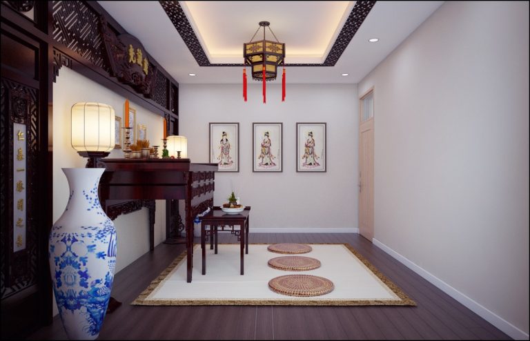 Nếu có điều kiện hơn, gia chủ có thể trang trí phòng thờ kết hợp với các sản phẩm gỗ tự nhiên chạm khắc họa tiết cầu kỳ. Phòng thờ sử dụng tranh ảnh trang trí với chủ đề phù hợp