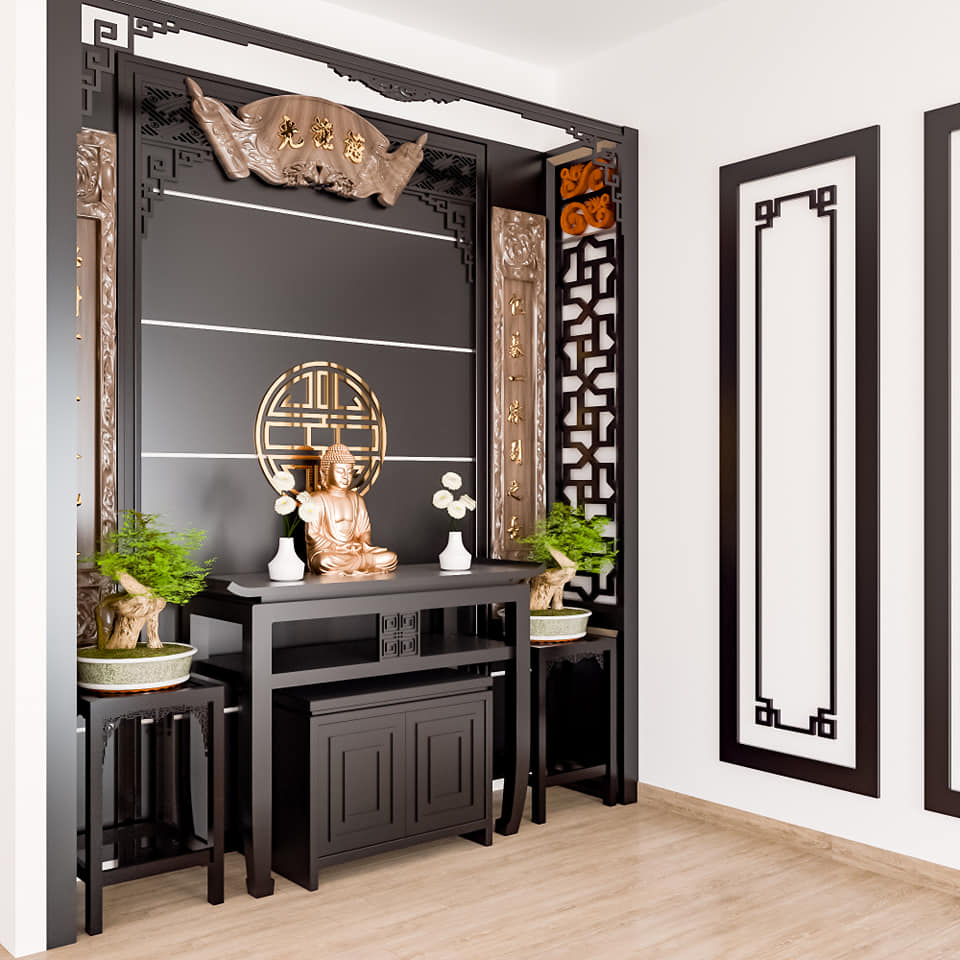 Gian thờ Phật này được thiết kế theo bố cục đối xứng, tối giản chi tiết để tránh rườm rà, có cây cảnh trang trí đẹp mắt. Mẫu thiết kế nội thất phòng thờ