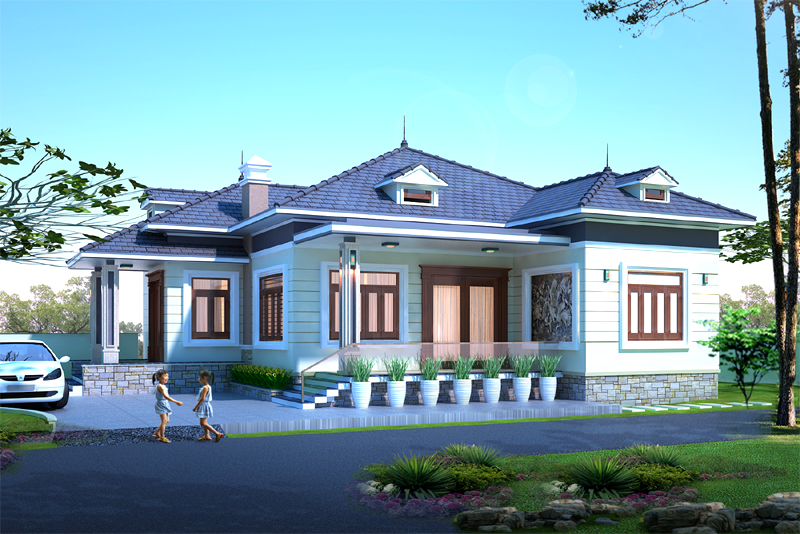 h&igrave;nh ảnh phối cảnh to&agrave;n cảnh khu&ocirc;n vi&ecirc;n biệt thự m&aacute;i Th&aacute;i 1 tầng hiện đại