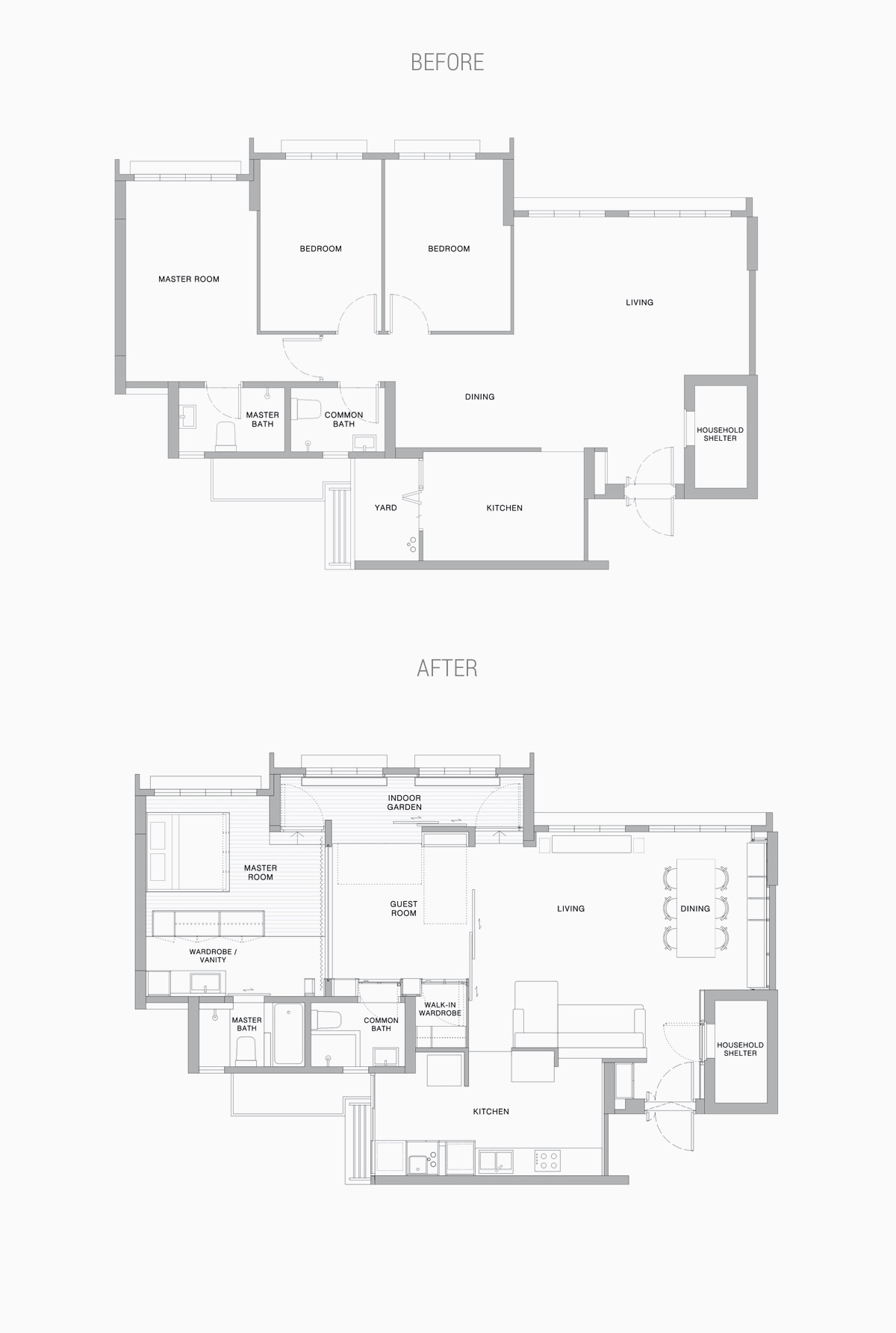 mặt bằng căn hộ 110m2 trước v&agrave; sau khi cải tạo
