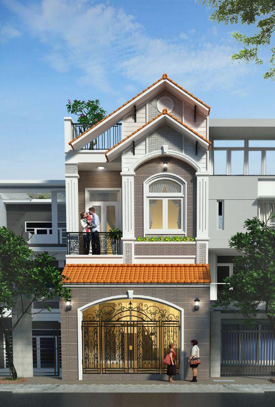Phối cảnh 3D mẫu nh&agrave; ống 2 tầng m&aacute;i Th&aacute;i
