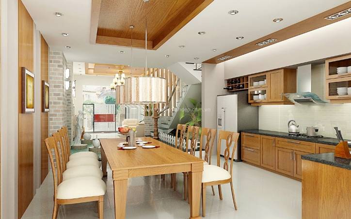 Chỉ với 2 t&ocirc;ng m&agrave;u trắng v&agrave; gỗ s&aacute;ng chủ đạo, ph&ograve;ng bếp kết hợp ph&ograve;ng ăn to&aacute;t l&ecirc;n vẻ hiện đại, ấm c&uacute;ng, tạo cảm gi&aacute;c gần gũi cho c&aacute;c th&agrave;nh vi&ecirc;n mỗi khi d&ugrave;ng bữa.
