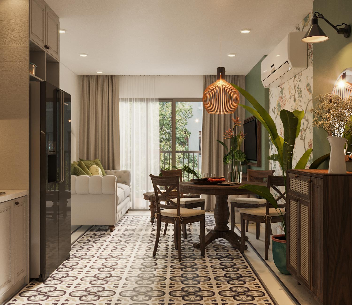 ph&ograve;ng kh&aacute;ch căn hộ phong c&aacute;ch bespoke với s&agrave;n gạch b&ocirc;ng, sofa trắng sữa, nội thất gỗ n&acirc;u