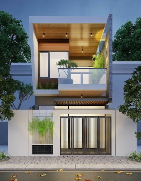 Phối cảnh 3D mẫu nh&agrave; ống 2 tầng 4 ph&ograve;ng ngủ hiện đại