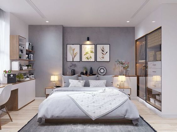 Ph&ograve;ng ngủ master đậm chất Bắc &Acirc;u hiện đại, thanh lịch với điểm nhấn l&agrave; bộ tranh treo tường đầu giường.