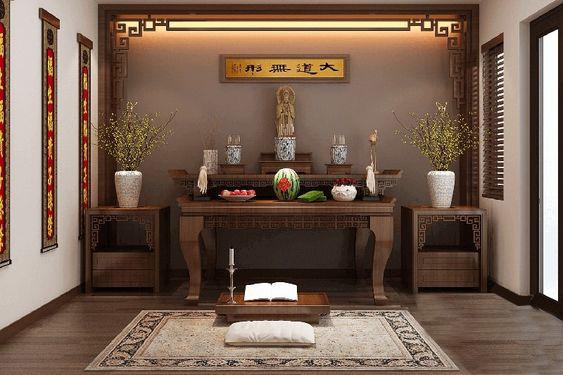 Kh&ocirc;ng gian thờ c&uacute;ng trang nghi&ecirc;m, b&agrave;i tr&iacute; đẹp mắt.
