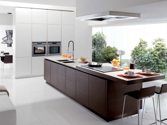 Mẫu thiết kế tủ bếp chữ I đơn giản với b&agrave;n bếp k&eacute;o d&agrave;i tạo th&agrave;nh quầy bar mini d&agrave;nh cho hai người