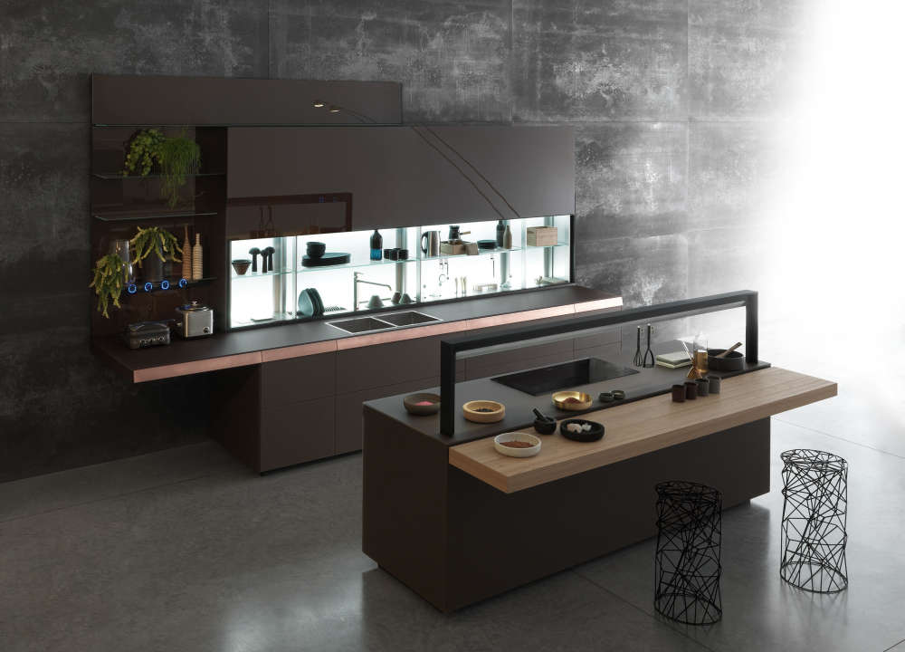 Một thiết kế tủ bếp chữ I l&agrave;m bằng chất liệu Acrylic ấn tượng, gam m&agrave;u tối quyến rũ.