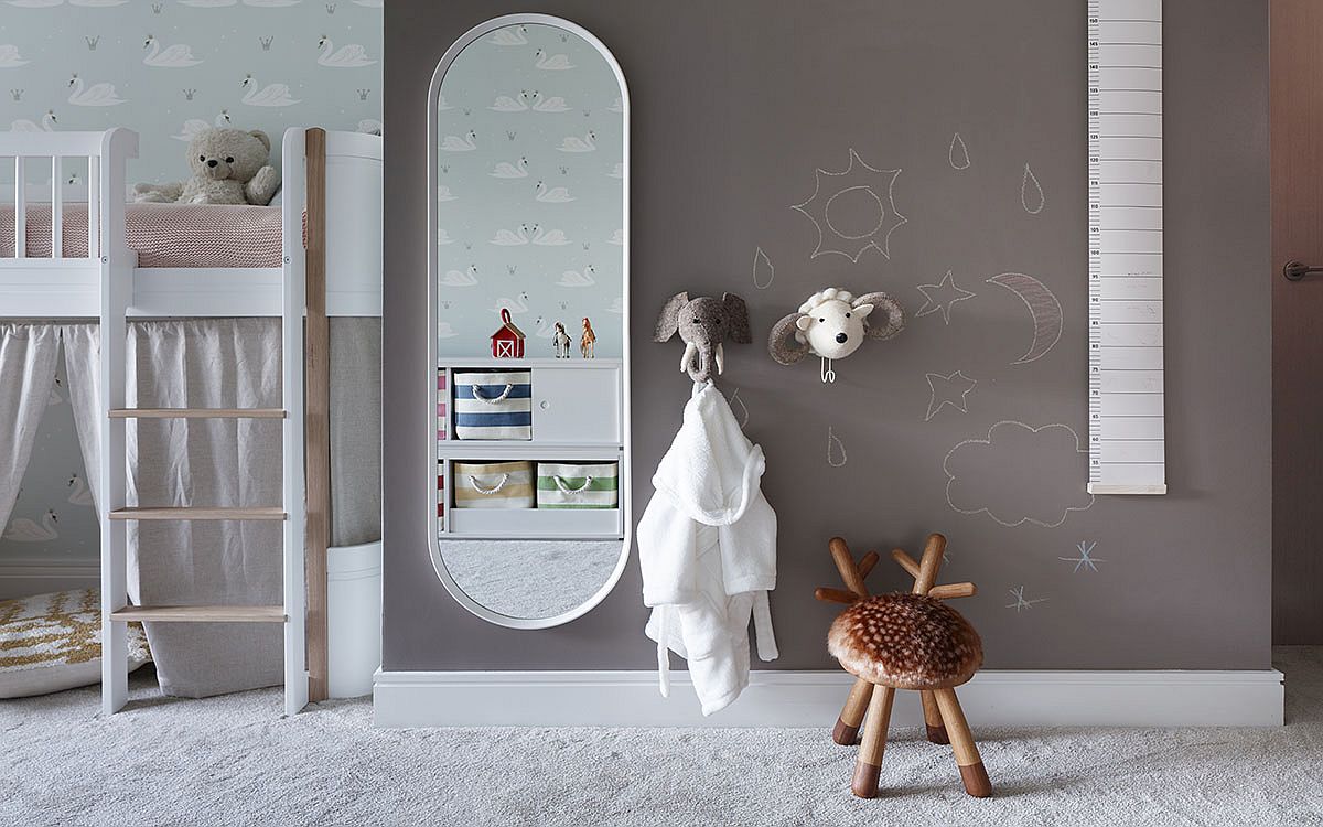 Bức tường m&agrave;u x&aacute;m trong ph&ograve;ng ngủ trẻ em l&agrave; ph&ocirc;ng nền trang tr&iacute; l&yacute; tưởng v&agrave; t&ugrave;y chỉnh.