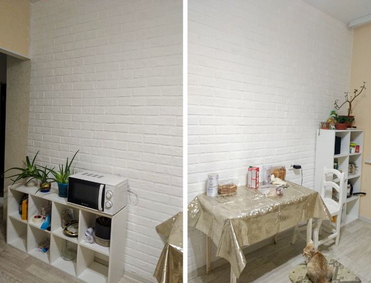 tường gạch giả sơn trắng trong ph&ograve;ng bếp
