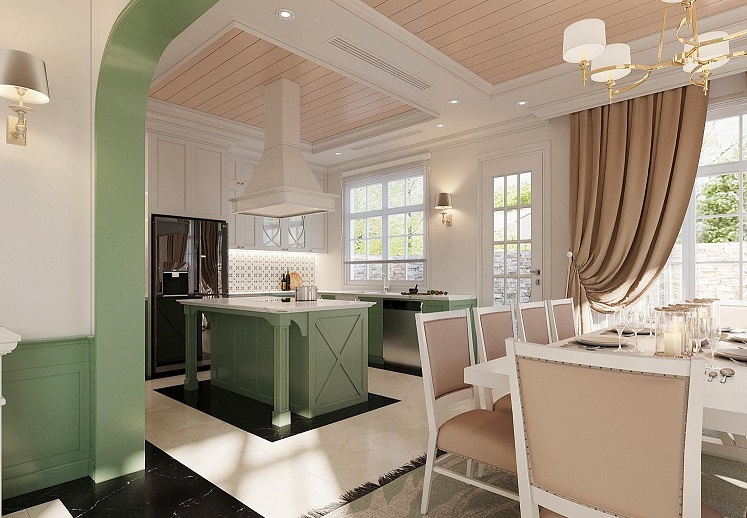 M&agrave;u sắc được phối kết v&ocirc; c&ugrave;ng tinh tế, h&agrave;i h&ograve;a trong ph&ograve;ng bếp với hệ tủ m&agrave;u xanh ngọc, tường sơn trắng, trong khi trần, r&egrave;m cửa v&agrave; nệm bọc ghế m&agrave;u hồng pastel dịu ngọt.