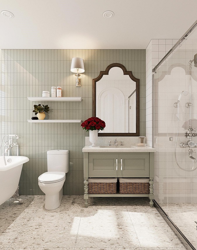 Trong biệt thự đơn lập, ph&ograve;ng tắm được thiết kế rộng r&atilde;i, tho&aacute;ng s&aacute;ng với đầy đủ trang thiết bị nội thất cao cấp.