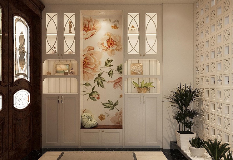 Bệ ngồi được decor ấn tượng với giấy d&aacute;n tường họa tiết hoa lớn tinh tế.