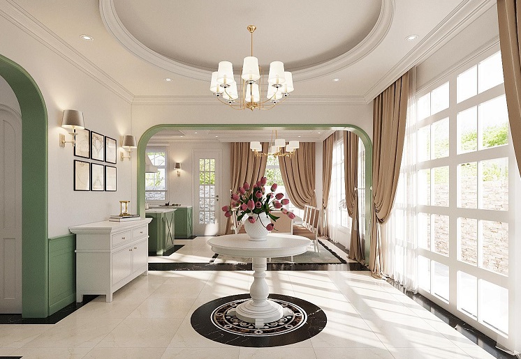  Đại sảnh với kh&ocirc;ng gian mở kết nối với ph&ograve;ng bếp &ndash; ph&ograve;ng ăn gia đ&igrave;nh chị V&acirc;n Đại sảnh gi&uacute;p ngăn c&aacute;ch kh&ocirc;ng gian giữa ph&ograve;ng kh&aacute;ch v&agrave; ph&ograve;ng bếp, ph&ograve;ng ăn. Nơi đ&acirc;y cũng l&agrave; kh&ocirc;ng gian bắt đầu đi l&ecirc;n c&aacute;c tầng tiếp theo.