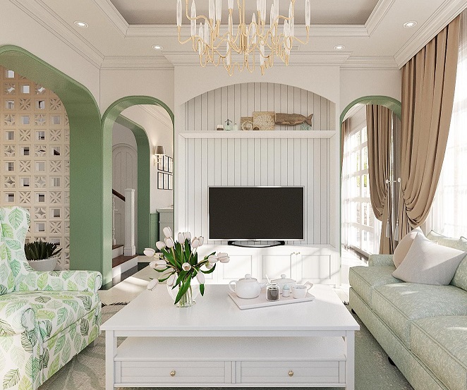 Tivi được đặt gọn g&agrave;ng tr&ecirc;n hệ tủ tường màu trắng ăn khớp hoàn toàn với màu n&ocirc;̣i th&acirc;́t ​ và sơn tường xung quanh.