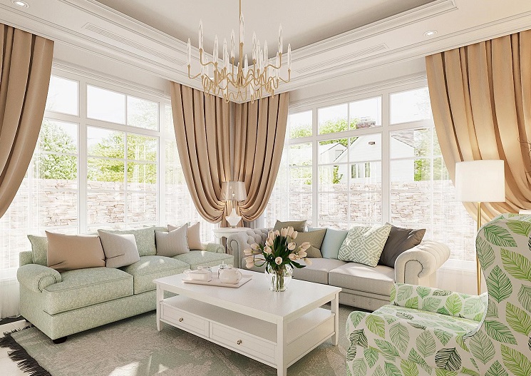 Bộ ghế sofa sang trọng với hoa văn tinh tế kết hợp h&agrave;i h&ograve;a c&ugrave;ng b&agrave;n tr&agrave; m&agrave;u trắng.