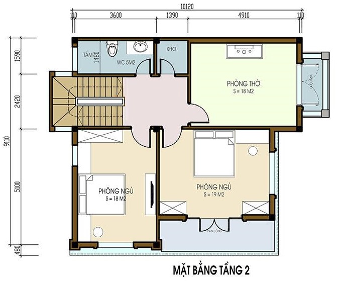 Mặt bằng bố tr&iacute; nội thất tầng 2 biệt thự