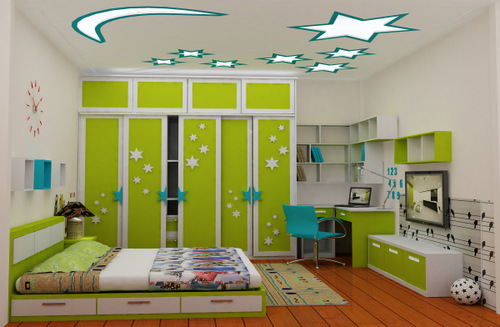 Mẫu ph&ograve;ng ngủ cho con trai với sắc xanh l&aacute; c&acirc;y tạo điểm nhấn ấn tượng. Giường thấp s&agrave;n kết hợp ngăn k&eacute;o lưu trữ th&ocirc;ng m&igrave;nh.