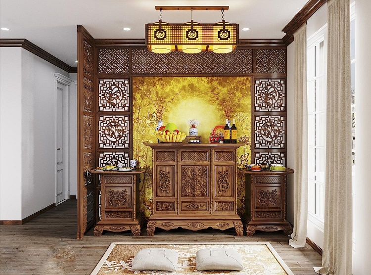 Chị V&acirc;n d&agrave;nh tầng tr&ecirc;n c&ugrave;ng của biệt thự cho kh&ocirc;ng gian thờ tự. Căn ph&ograve;ng to&aacute;t l&ecirc;n vẻ trang nghi&ecirc;m thanh tịnh cần c&oacute;.