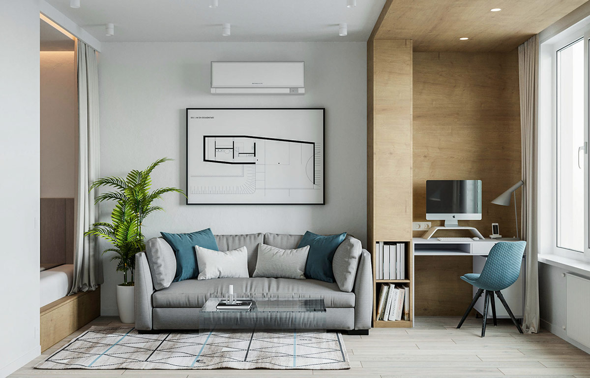 ph&ograve;ng kh&aacute;ch liền kề g&oacute;c l&agrave;m việc trong căn hộ 38m2